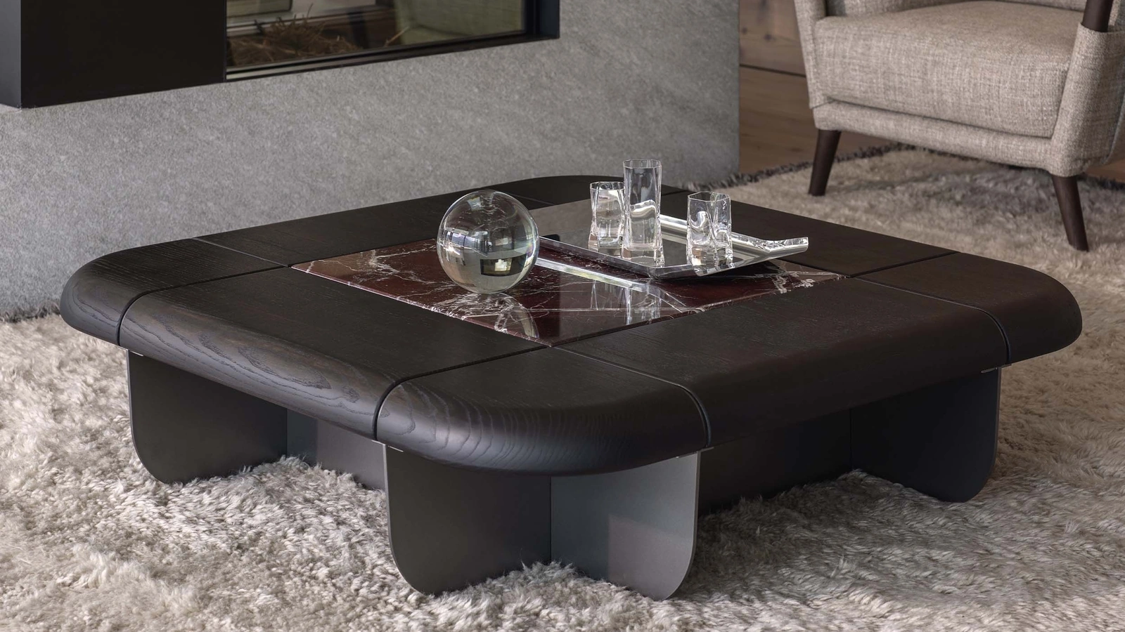 Gen coffee table in wood with marble insert by Flou