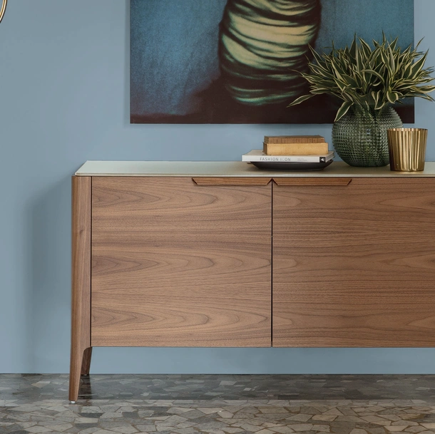 Madia with two doors in Canaletto walnut and a back-painted glass top in Atlante 05 by Porada
