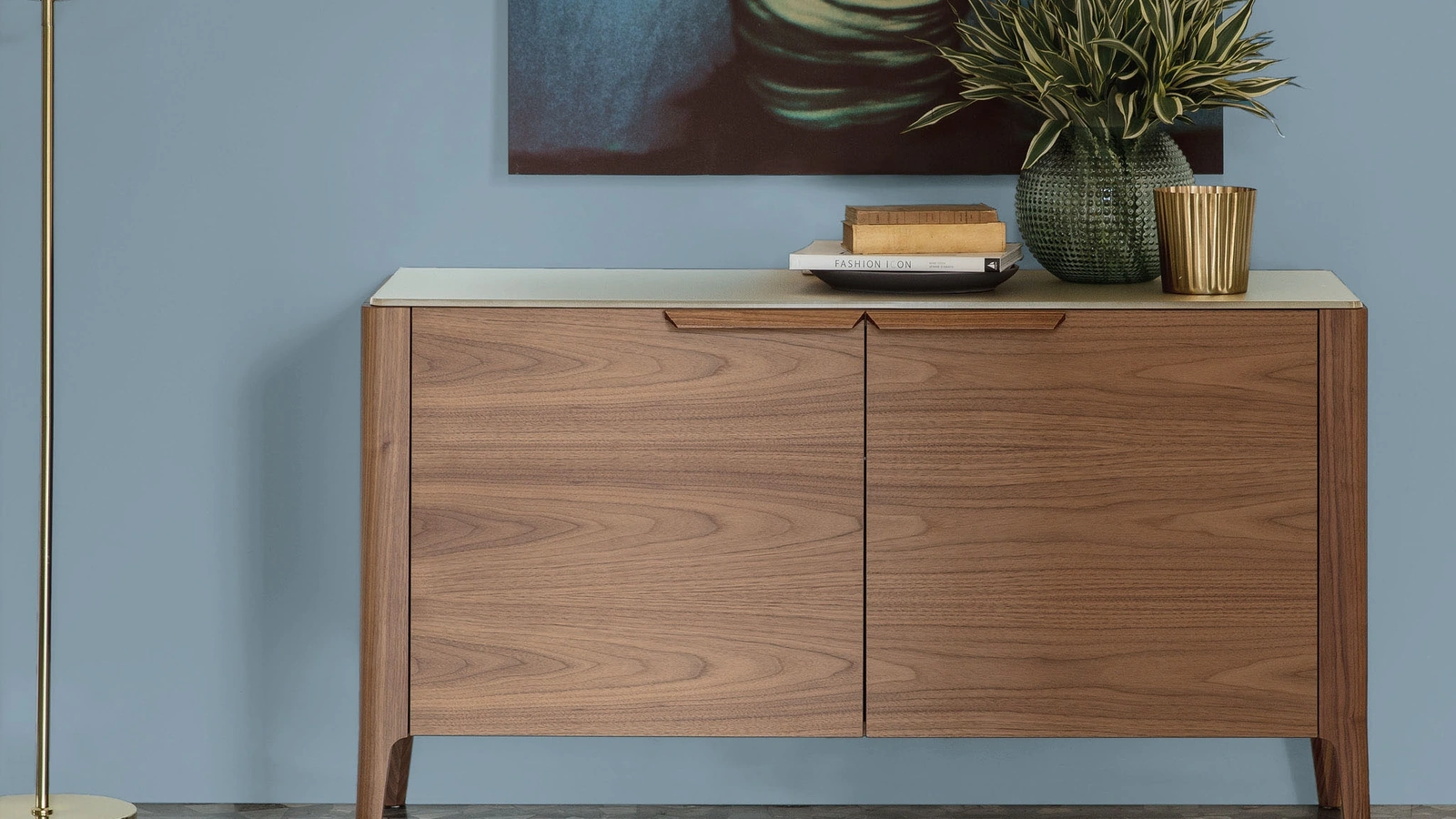 Madia with two doors in Canaletto walnut and a back-painted glass top in Atlante 05 by Porada