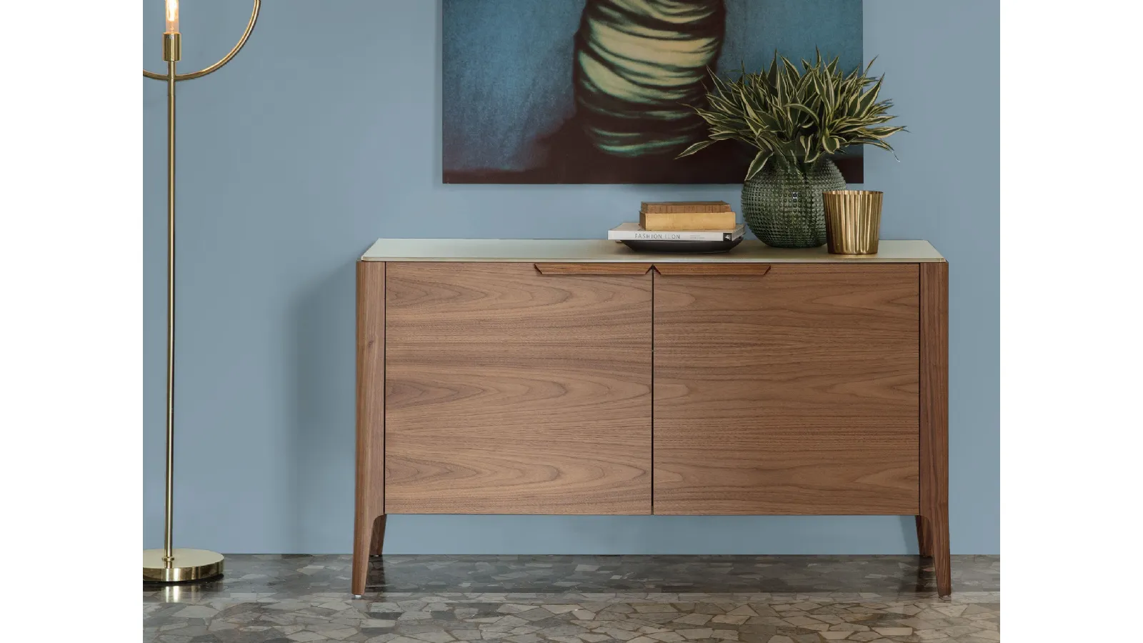 Madia with two doors in Canaletto walnut and a back-painted glass top in Atlante 05 by Porada