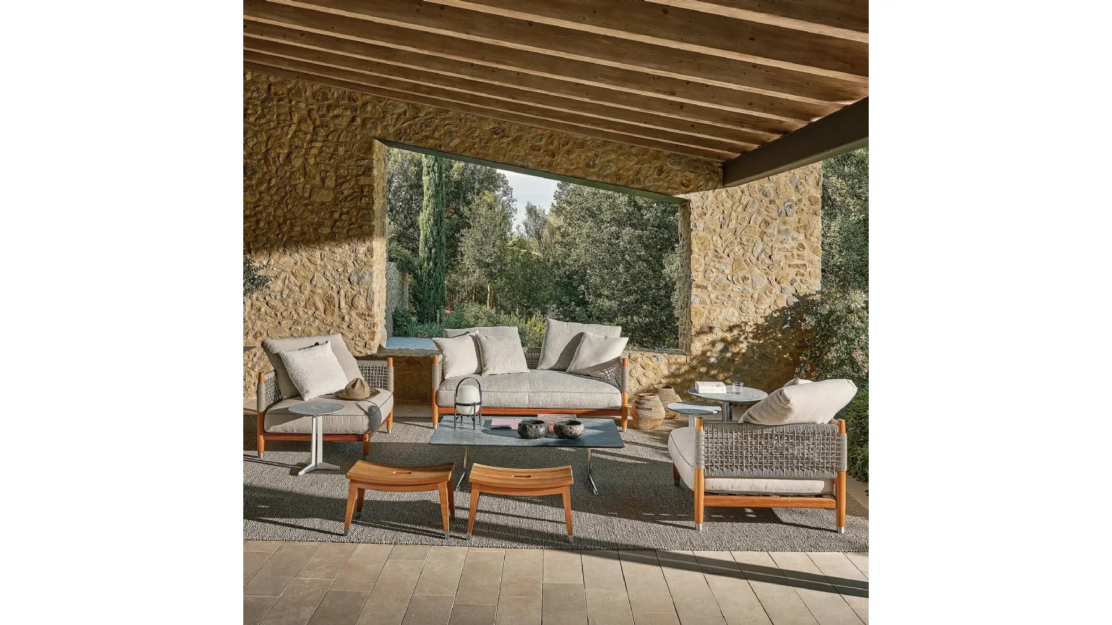 Parker Outdoor solid wood and woven rope sofa by Flexform
