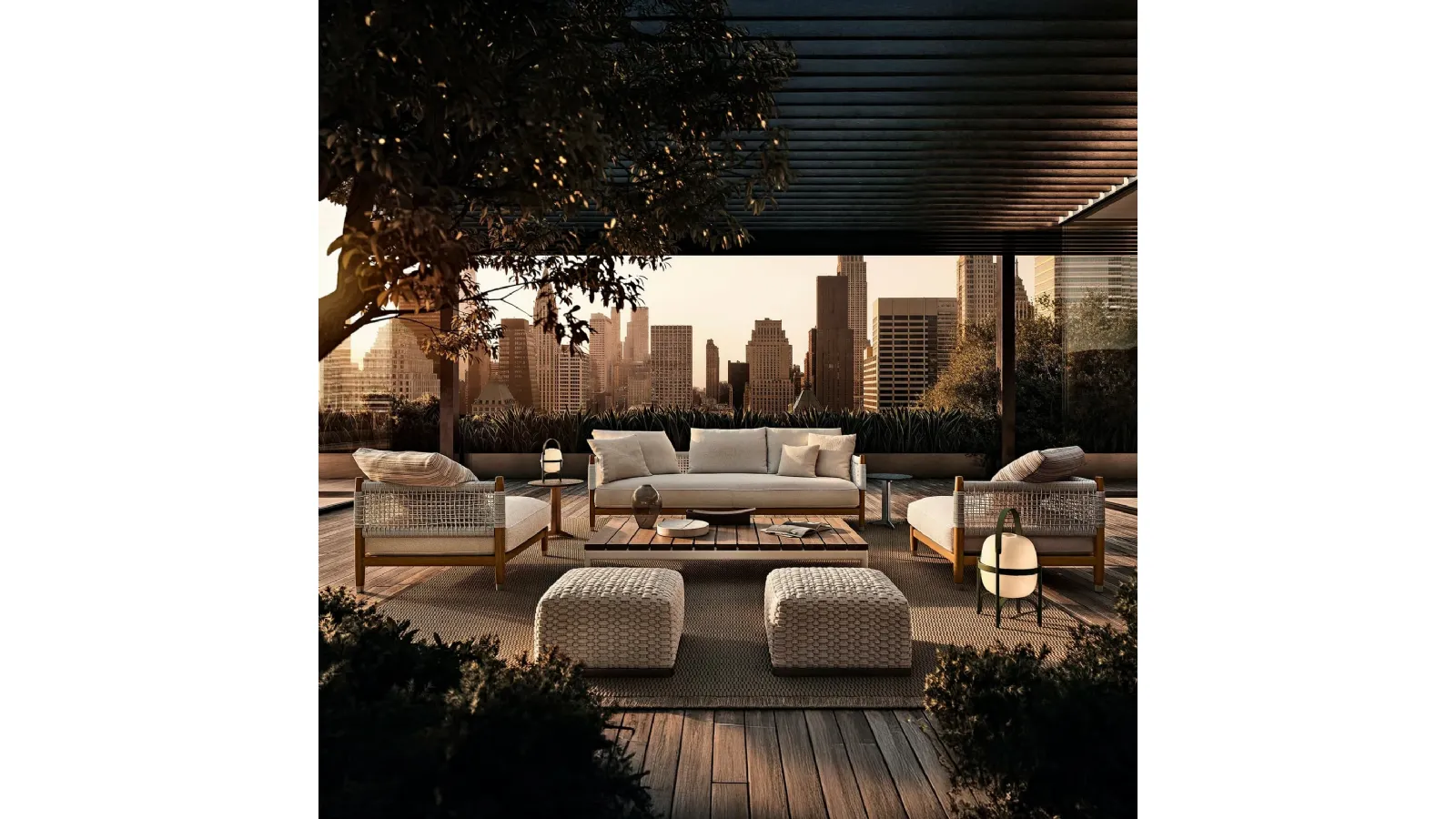 Parker Outdoor solid wood and woven rope sofa by Flexform